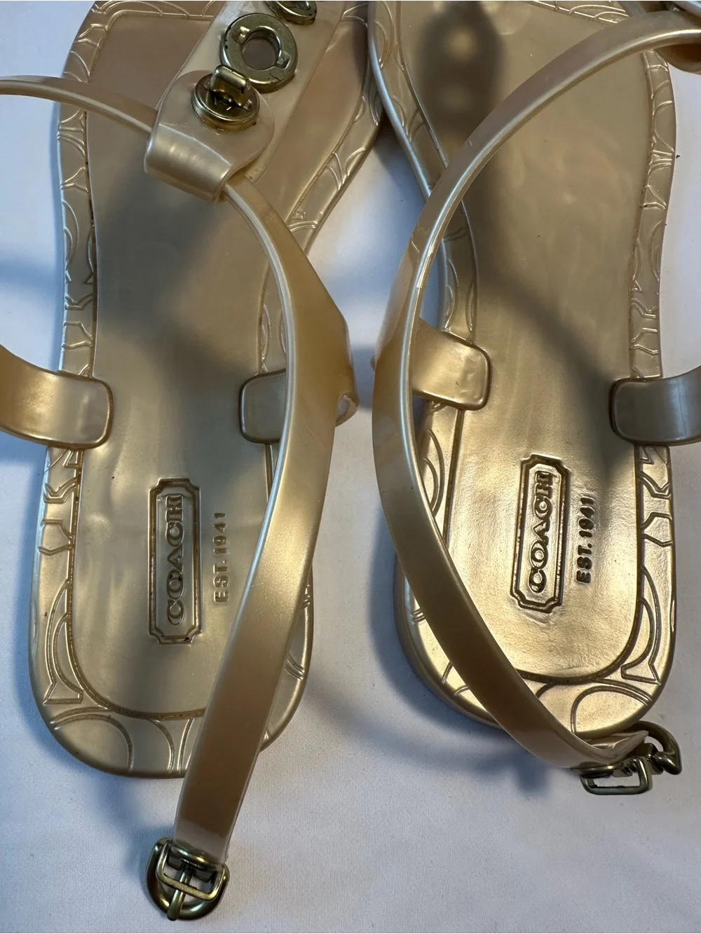 Coach Metallic Gold T-Strap Jelly Sandals with Logo Detail Size-9B